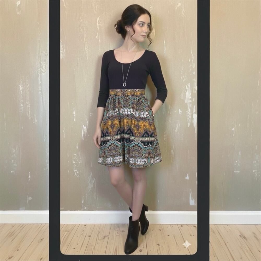 Maeve Anthropologie Black Boho Paisley Scoop Neck Half Sleeve Mini Dress Size 0P